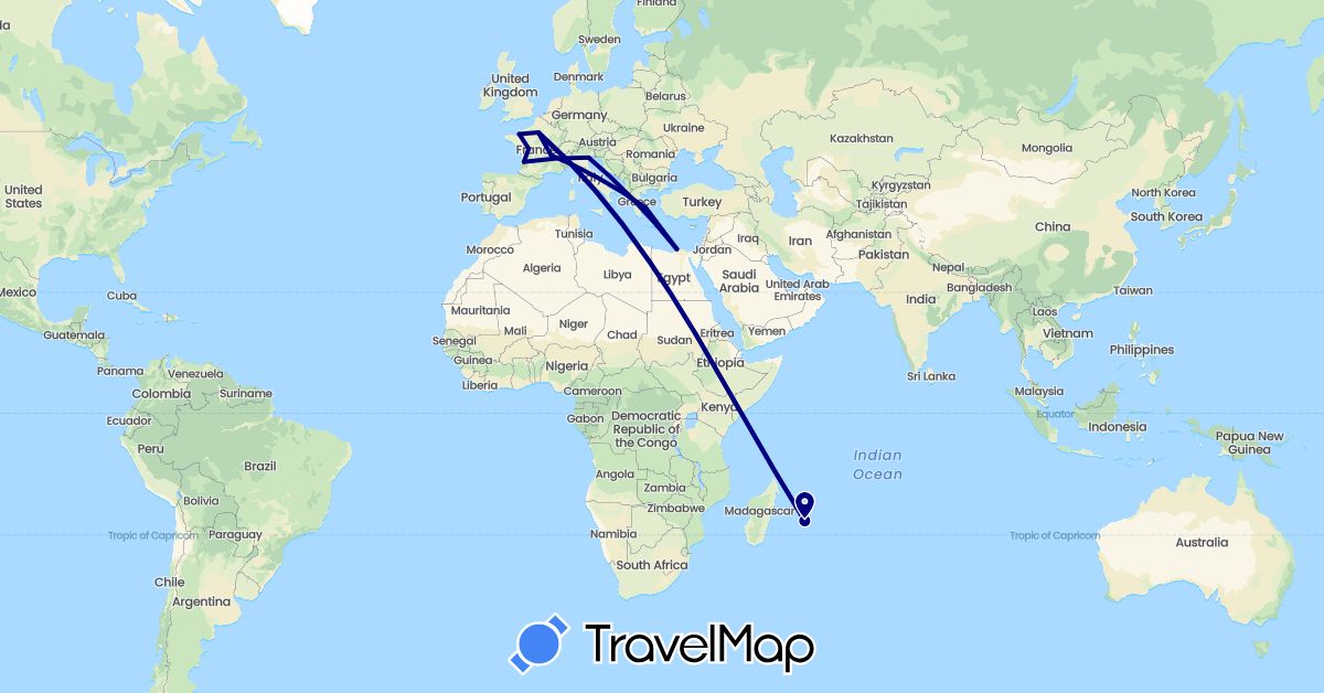 TravelMap itinerary: driving in Egypt, France, Greece, Italy, Réunion (Africa, Europe)